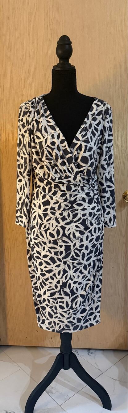 Lauren Ralph Lauren Black White Floral Wrap Sheath Dress Size 10 Ruched
